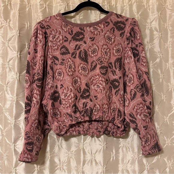 Free People No Ordinary Floral Jacquard Knit Puff Sleeves Top Pink Open Back - Picture 5 of 16